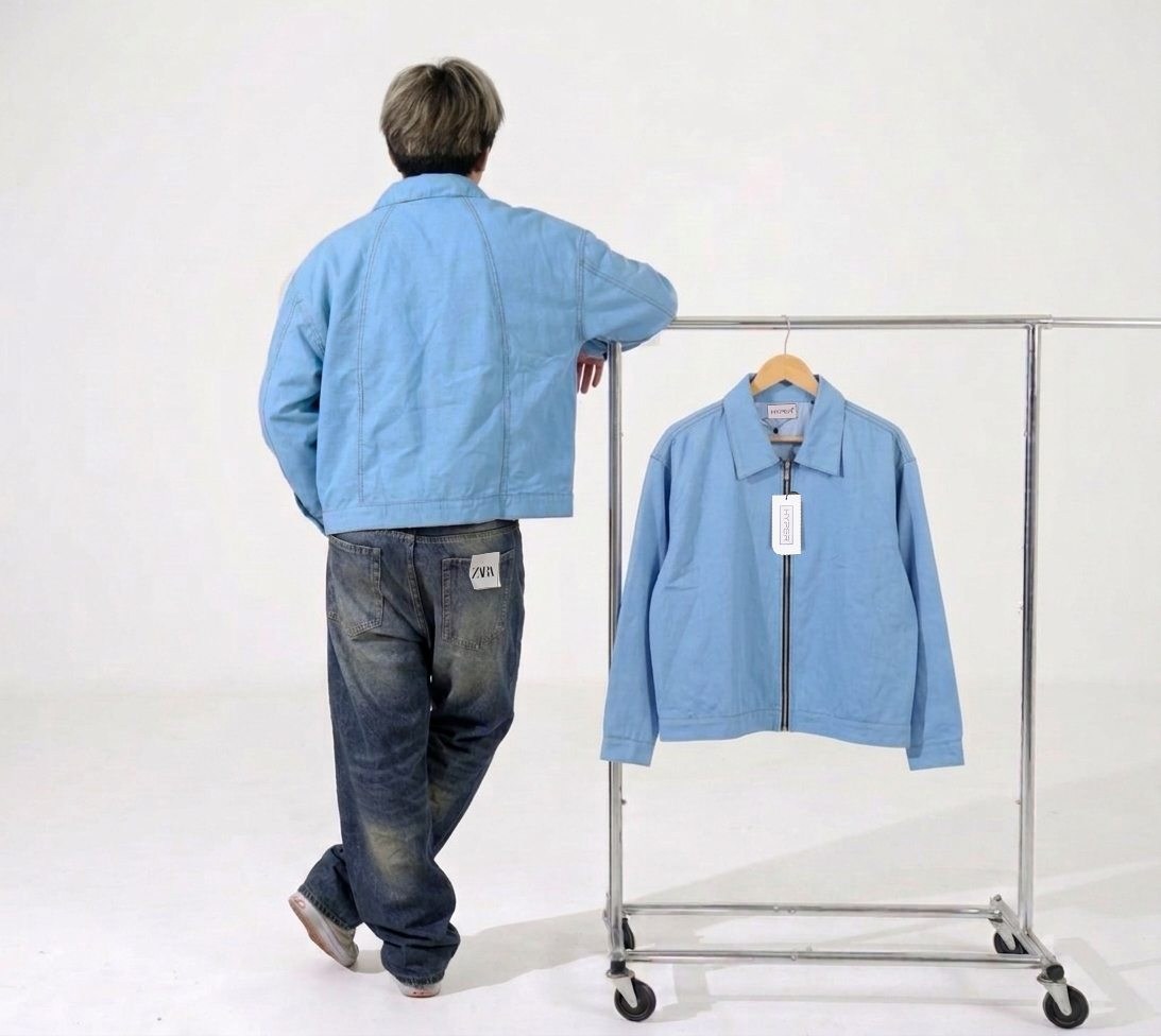 Hyper Jeans Jacket in light blue styled with denim